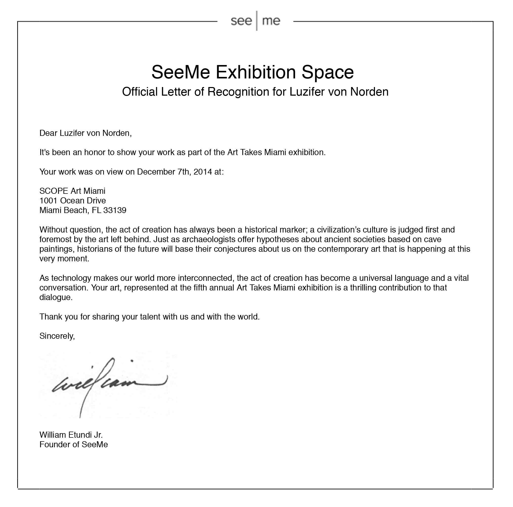 Luzifer von Norden your Letter of Recognition for participating in Art Takes Miami